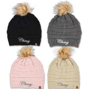 LADIES CHEVY SCRIPT KNIT BEANIE W/POM HAT